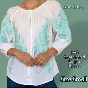 Sundance Loise White and Aqua Blue Green Embroidered 100% Cotton Blouse Small